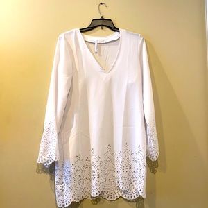 White Kenneth Cole V Neck Tunic laser cut detail l